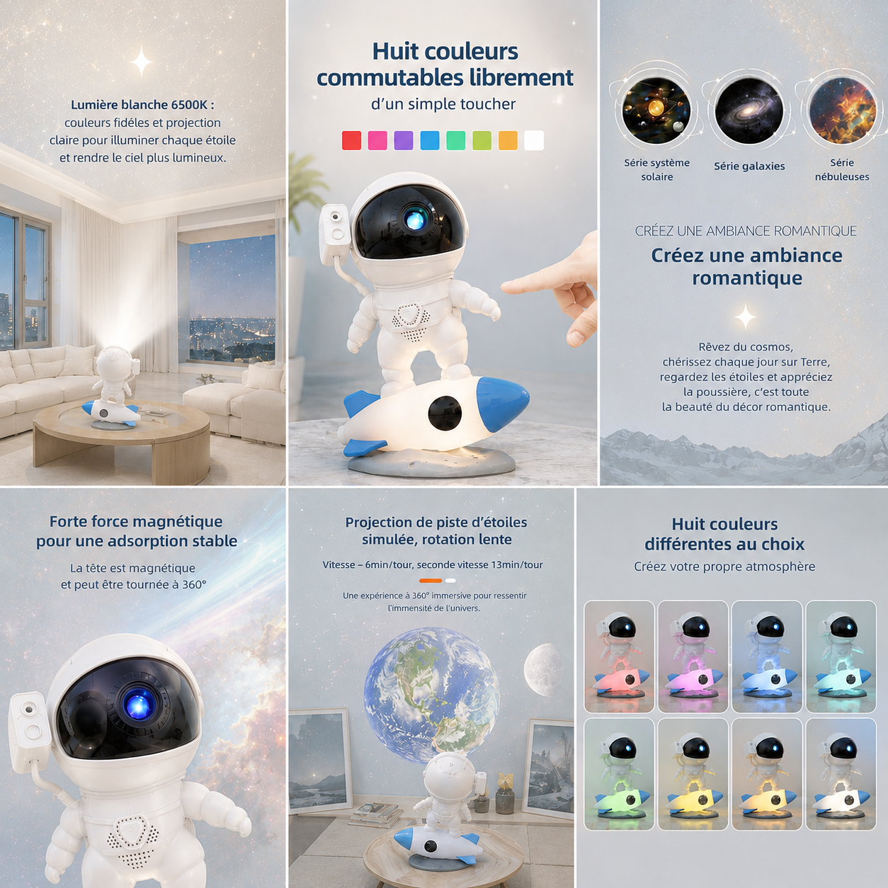 Infographie du projecteur astronaute LED présentant ses principales fonctionnalités : huit couleurs de projection interchangeables, tête orientable, fixation magnétique, télécommande et projection d’un ciel étoilé immersif. Une veilleuse idéale pour créer une ambiance relaxante dans une chambre d’enfant.