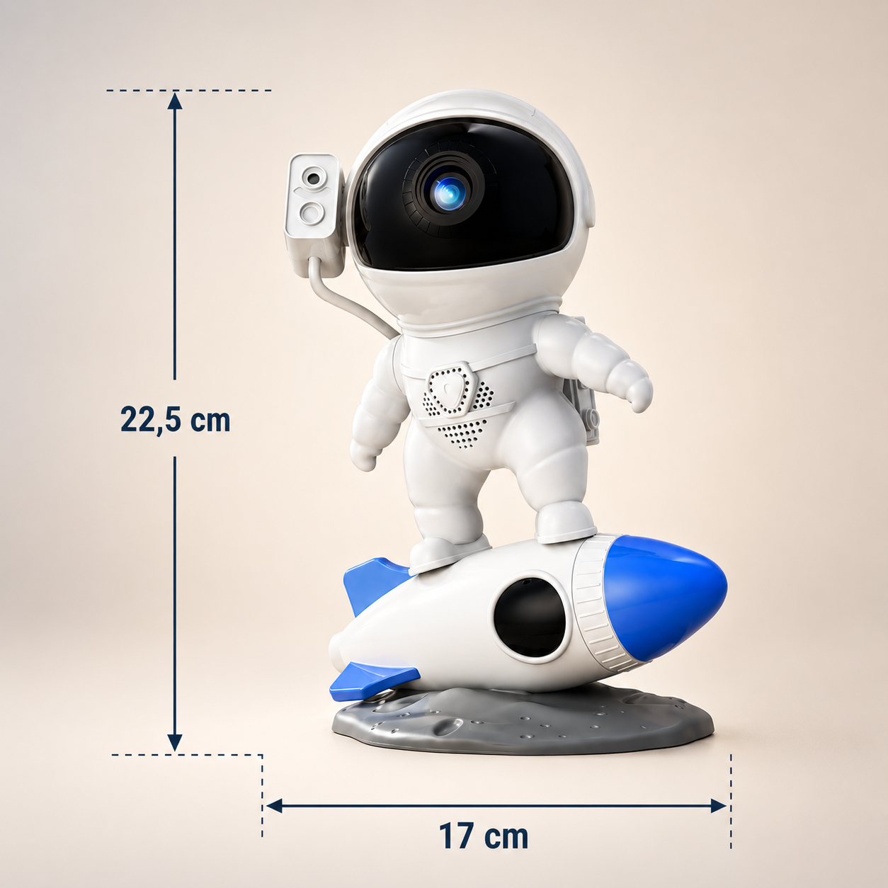 Infographie des dimensions de la veilleuse projecteur astronaute fusée LED mesurant 22,5 cm de hauteur par 17 cm de largeur, parfaite pour décorer et illuminer une chambre d'enfant.