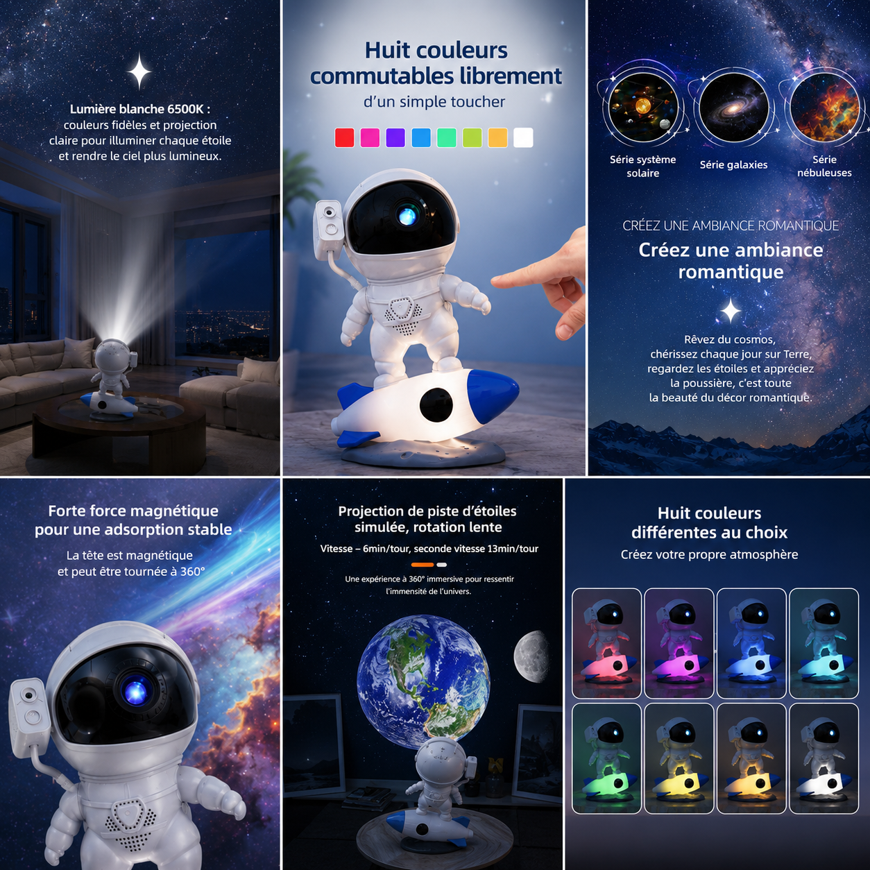 Infographie de la veilleuse projecteur astronaute montrant les 8 couleurs LED, les disques de projection interchangeables, la tête magnétique orientable à 360° et les projections de galaxies, nébuleuses et système solaire.