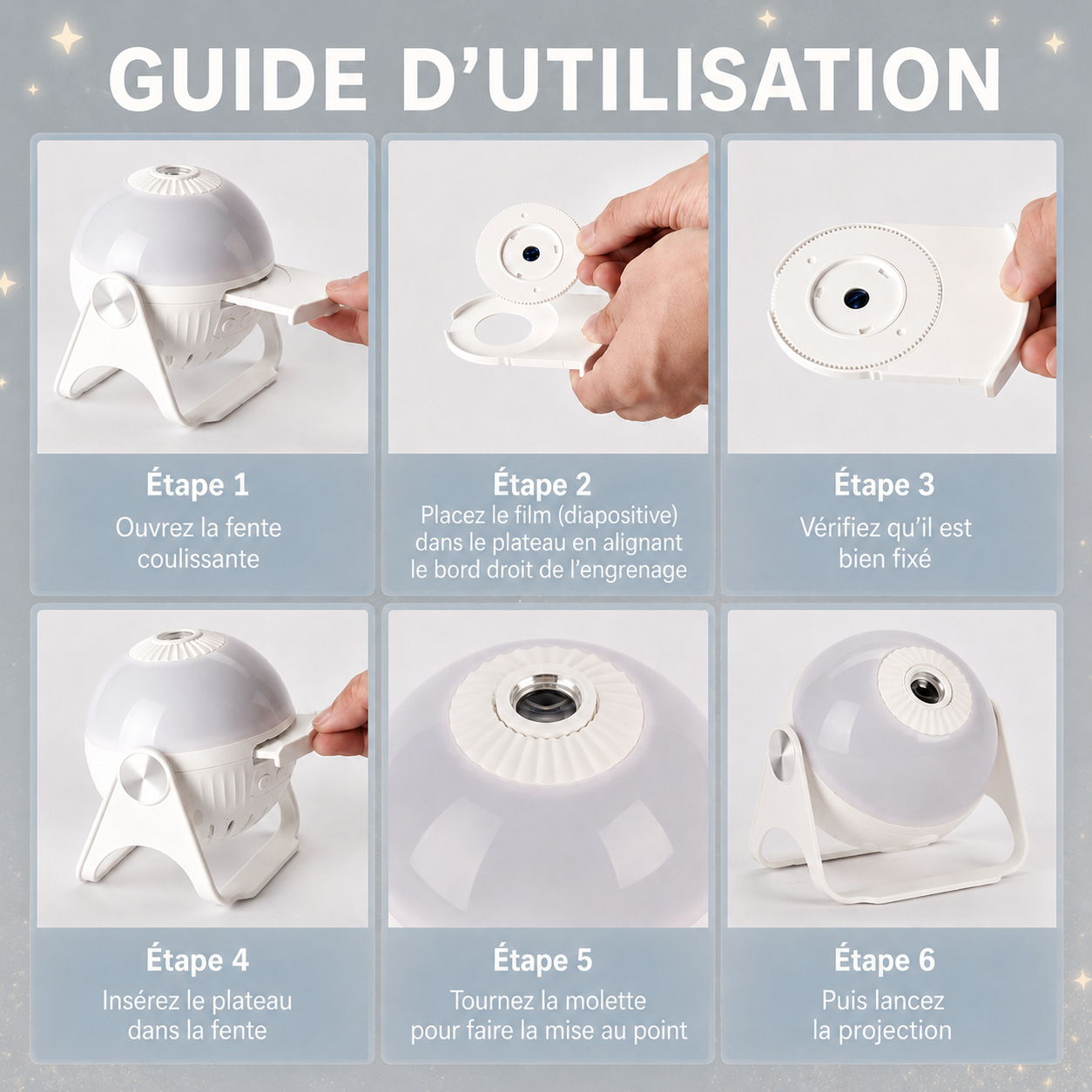 Guide d’utilisation du projecteur ciel étoilé blanc illustrant les six étapes d’installation de la diapositive et du réglage de la mise au point pour projeter une galaxie, des étoiles et une veilleuse apaisante dans une chambre d’enfant.