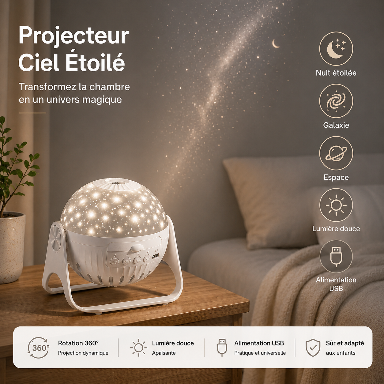 Infographie du projecteur ciel étoilé blanc posé sur une table de nuit en bois, diffusant une projection d'étoiles et de galaxie dans une chambre chaleureuse. Rotation à 360°, lumière douce, alimentation USB, veilleuse adaptée aux enfants.