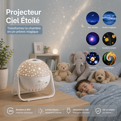 Infographie du projecteur ciel étoilé blanc présentant ses différents thèmes de projection, dont nuit étoilée, océan magique, galaxie, système solaire, espace et tourbillon, dans une chambre d’enfant aux tons greige et bleu poudre pour créer une ambiance apaisante et favoriser un sommeil serein.