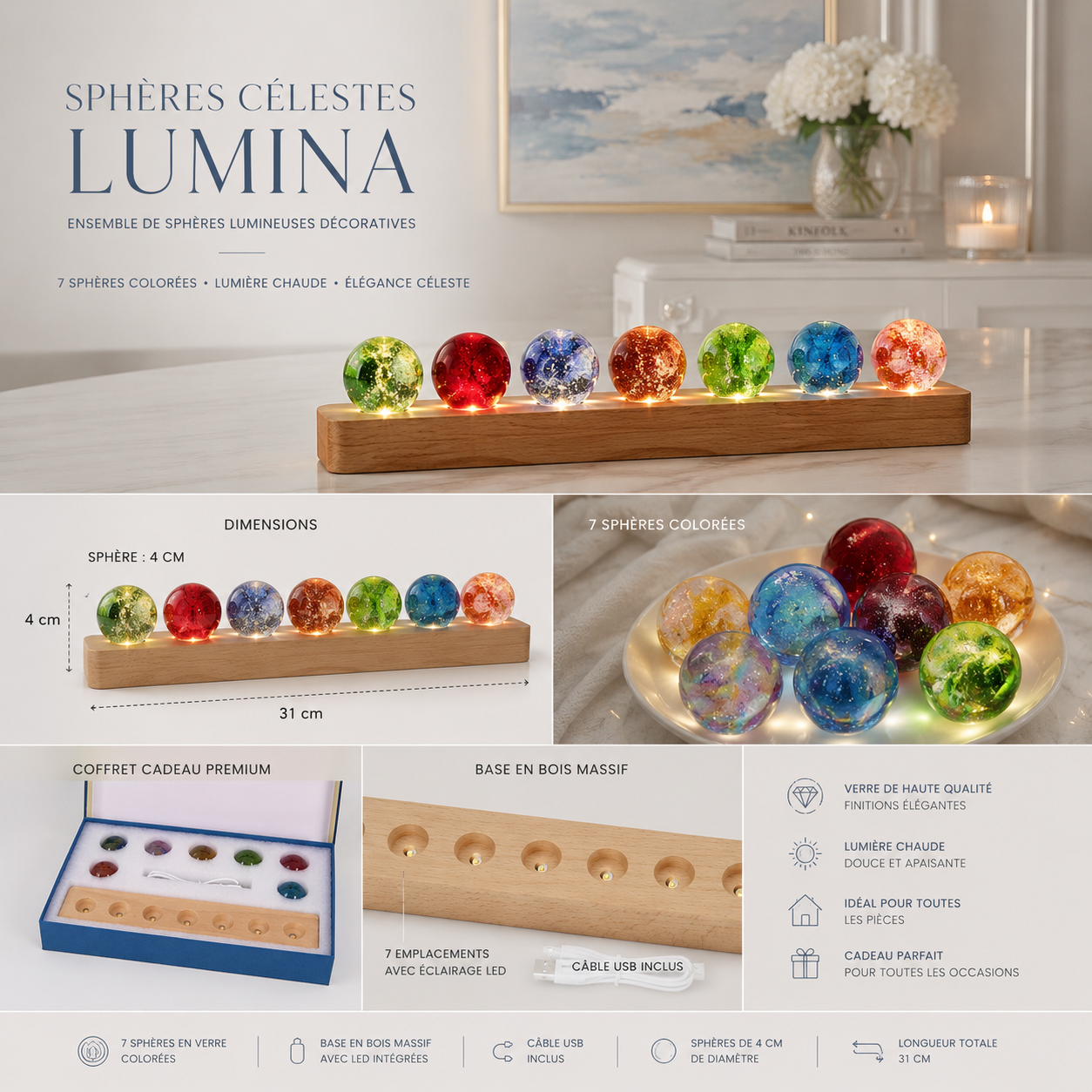 Infographie du kit de sphères lumineuses décoratives Lumina illustrant les différentes couleurs des sept sphères en verre de 4 cm, les dimensions de la base en bois de 31 cm, le contenu du coffret, les détails de fabrication et les principales caractéristiques, présentés dans un design élégant aux tons greige et bleu poudre.
