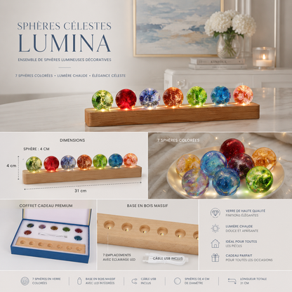 Infographie du kit de sphères lumineuses décoratives Lumina illustrant les différentes couleurs des sept sphères en verre de 4 cm, les dimensions de la base en bois de 31 cm, le contenu du coffret, les détails de fabrication et les principales caractéristiques, présentés dans un design élégant aux tons greige et bleu poudre.