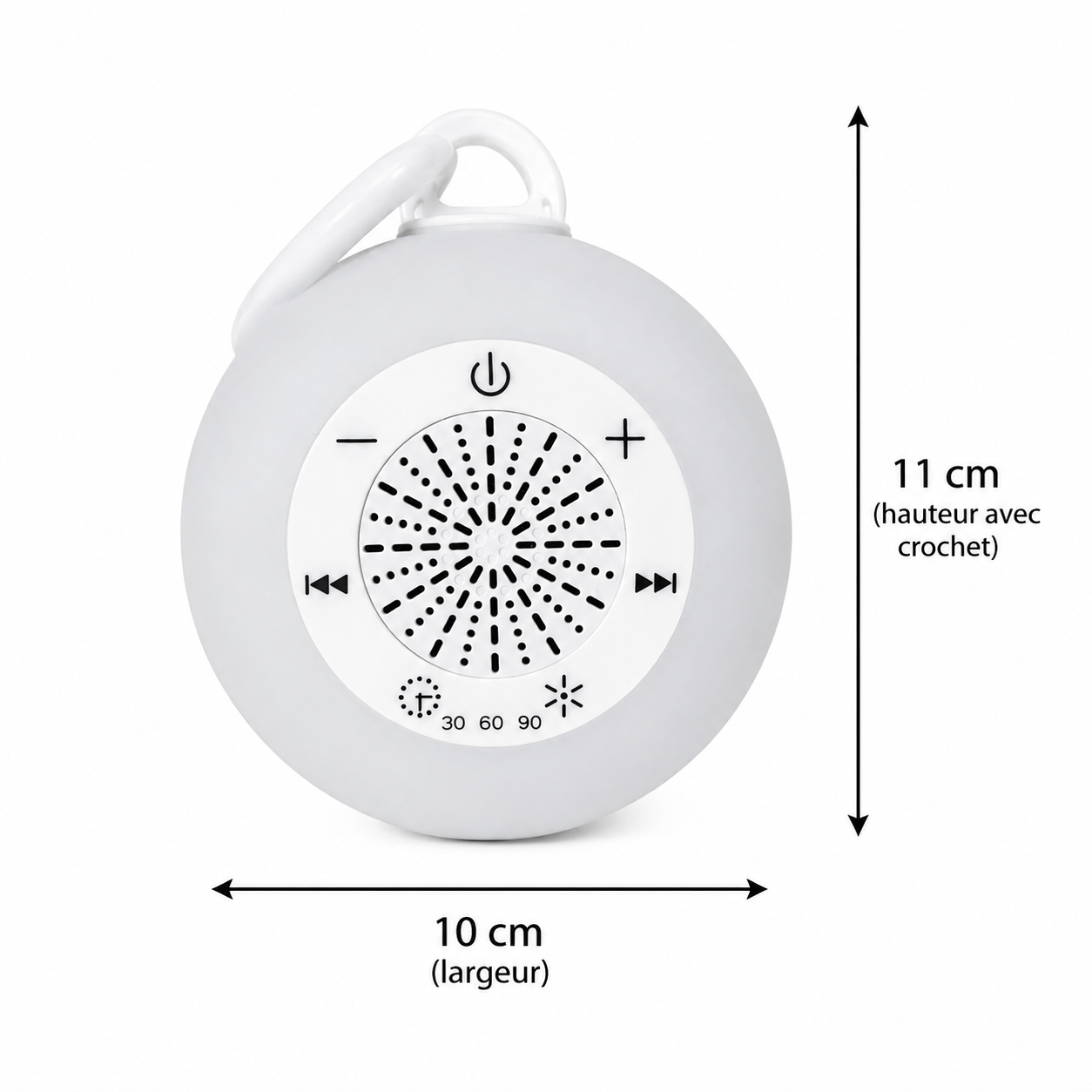 Infographie présentant les dimensions de la veilleuse multicolore rechargeable avec haut-parleur intégré, affichée sur fond blanc. Dimensions de 11 cm de hauteur avec crochet et 10 cm de largeur, avec commandes de contrôle du son, de la minuterie et de l'éclairage visibles à l'avant.