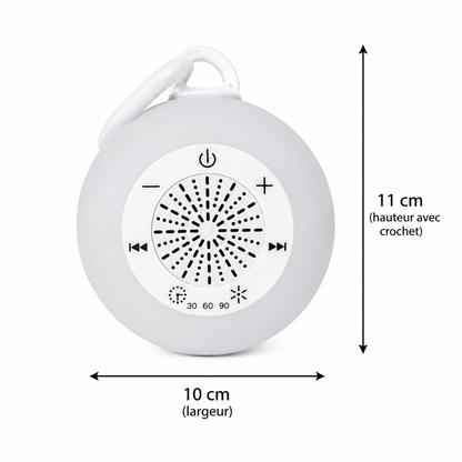 Infographie présentant les dimensions de la veilleuse multicolore rechargeable avec haut-parleur intégré, affichée sur fond blanc. Dimensions de 11 cm de hauteur avec crochet et 10 cm de largeur, avec commandes de contrôle du son, de la minuterie et de l'éclairage visibles à l'avant.