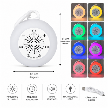 Infographie de la veilleuse multicolore rechargeable avec haut-parleur intégré sur fond blanc. Présentation des dimensions (11 cm de hauteur avec crochet et 10 cm de largeur), des 7 couleurs d’éclairage disponibles, de la minuterie 30/60/90 minutes, des 9 sons relaxants, de la recharge USB-C et du câble USB-C inclus.