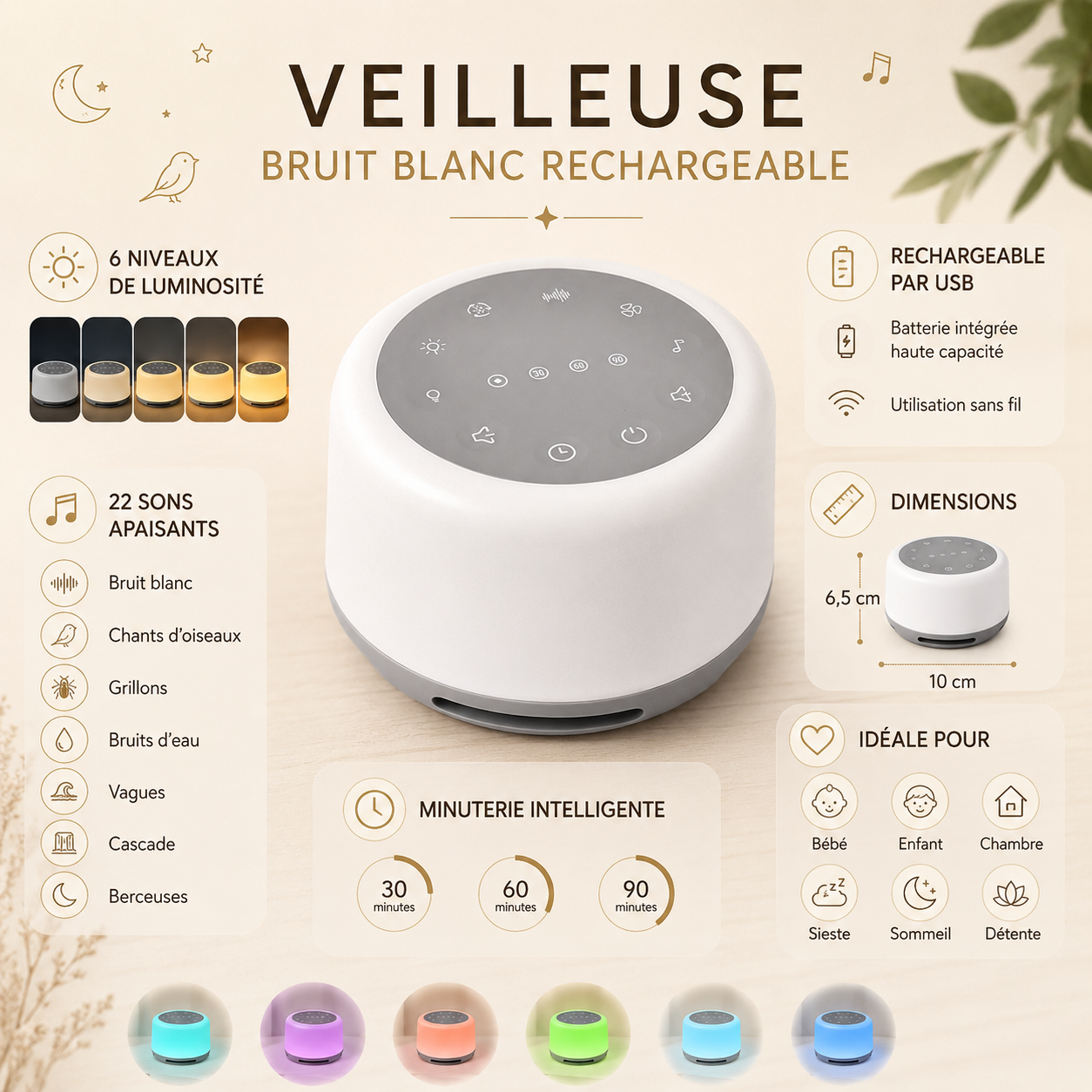 Infographie en français présentant une veilleuse bébé à bruit blanc rechargeable avec 6 niveaux de luminosité, 22 sons apaisants, minuterie intelligente de 30, 60 et 90 minutes, batterie rechargeable par USB et dimensions de 10 cm x 6,5 cm.