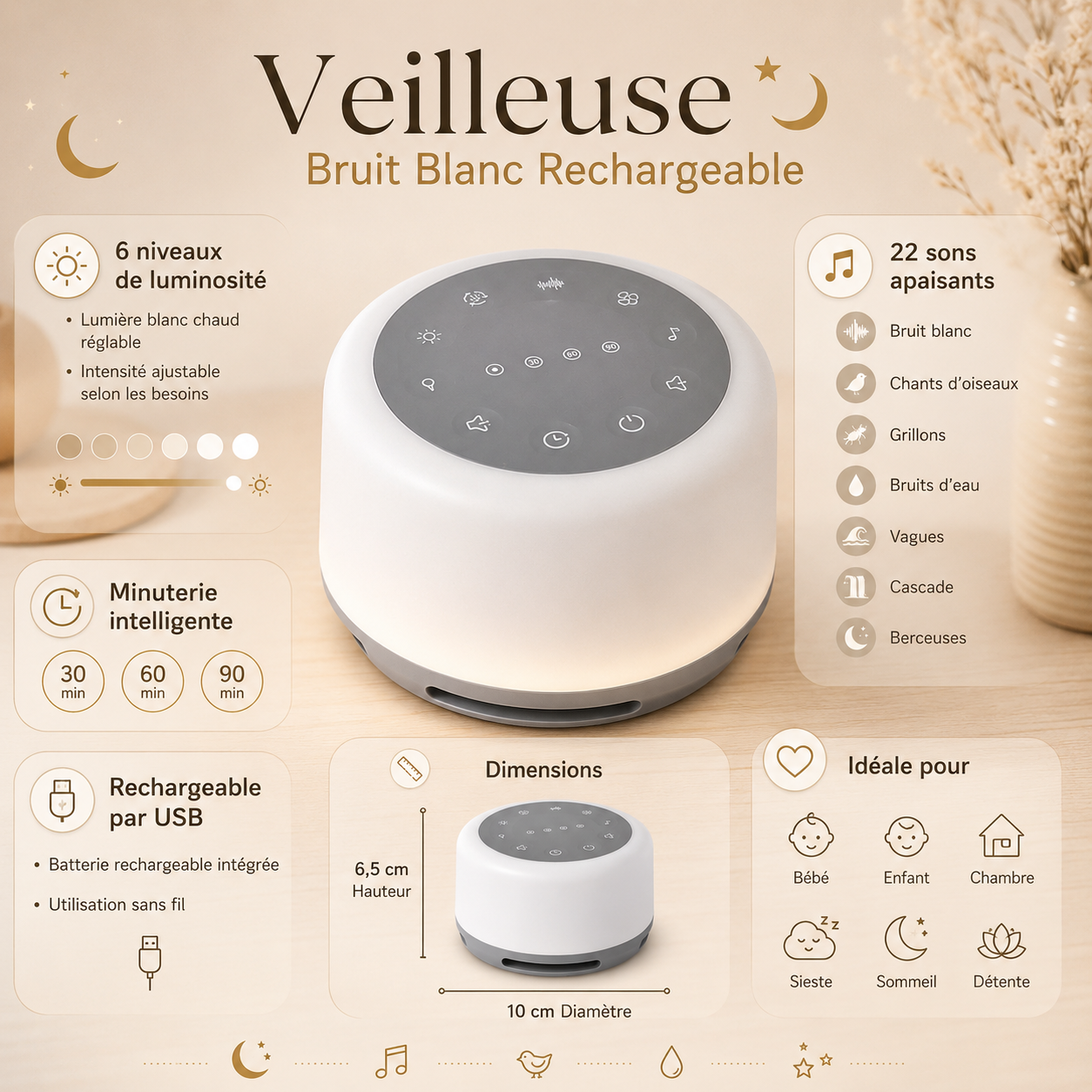 Infographie de veilleuse bébé à bruit blanc rechargeable présentant 6 niveaux de luminosité blanc chaud, 22 sons apaisants, une minuterie intelligente de 30, 60 et 90 minutes, une batterie rechargeable par USB, les dimensions de 10 cm x 6,5 cm et ses principales utilisations pour le sommeil de bébé et de l'enfant.
