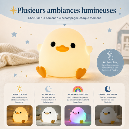 Infographie présentant la veilleuse canard en silicone avec plusieurs ambiances lumineuses : blanc chaud, blanc doux, mode multicolore et extinction facile. Une simple pression permet de changer la couleur de la lumière selon le moment, pour créer une ambiance douce et rassurante dans la chambre d'enfant.