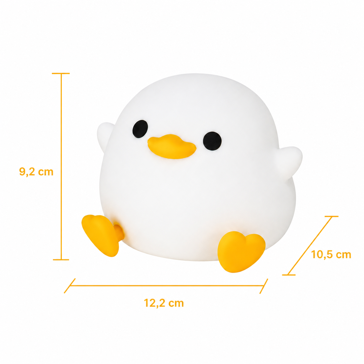 Veilleuse canard en silicone présentée sur un fond blanc avec ses dimensions : 12,2 cm de largeur, 10,5 cm de profondeur et 9,2 cm de hauteur. Son format compact est idéal pour une table de chevet, une chambre de bébé ou les déplacements nocturnes.