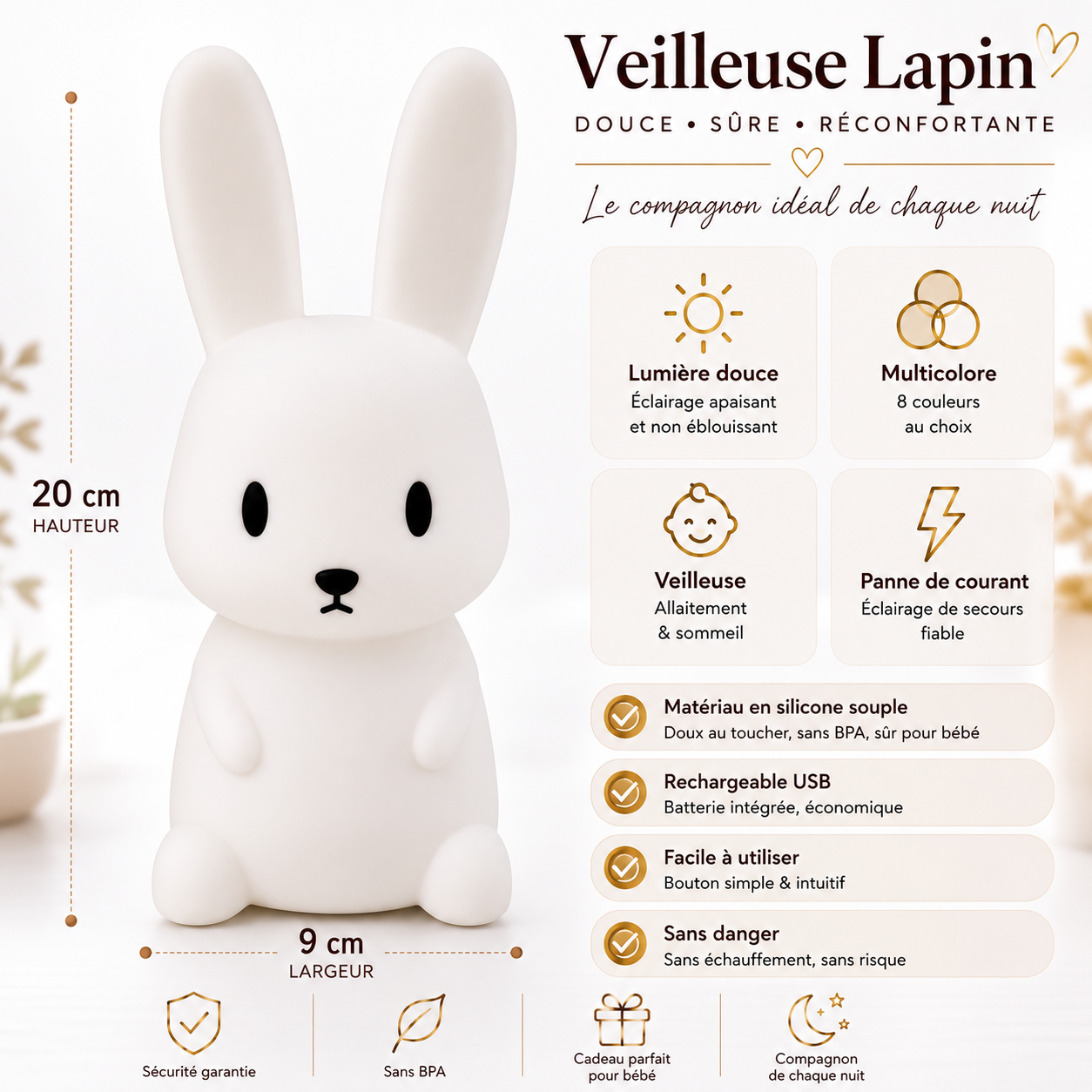 Infographie de la veilleuse bébé lapin 7 couleurs présentant ses dimensions (20 cm x 9 cm), son éclairage LED multicolore, son silicone souple sans BPA, sa recharge USB et ses principales caractéristiques pour accompagner le sommeil des bébés et des enfants.