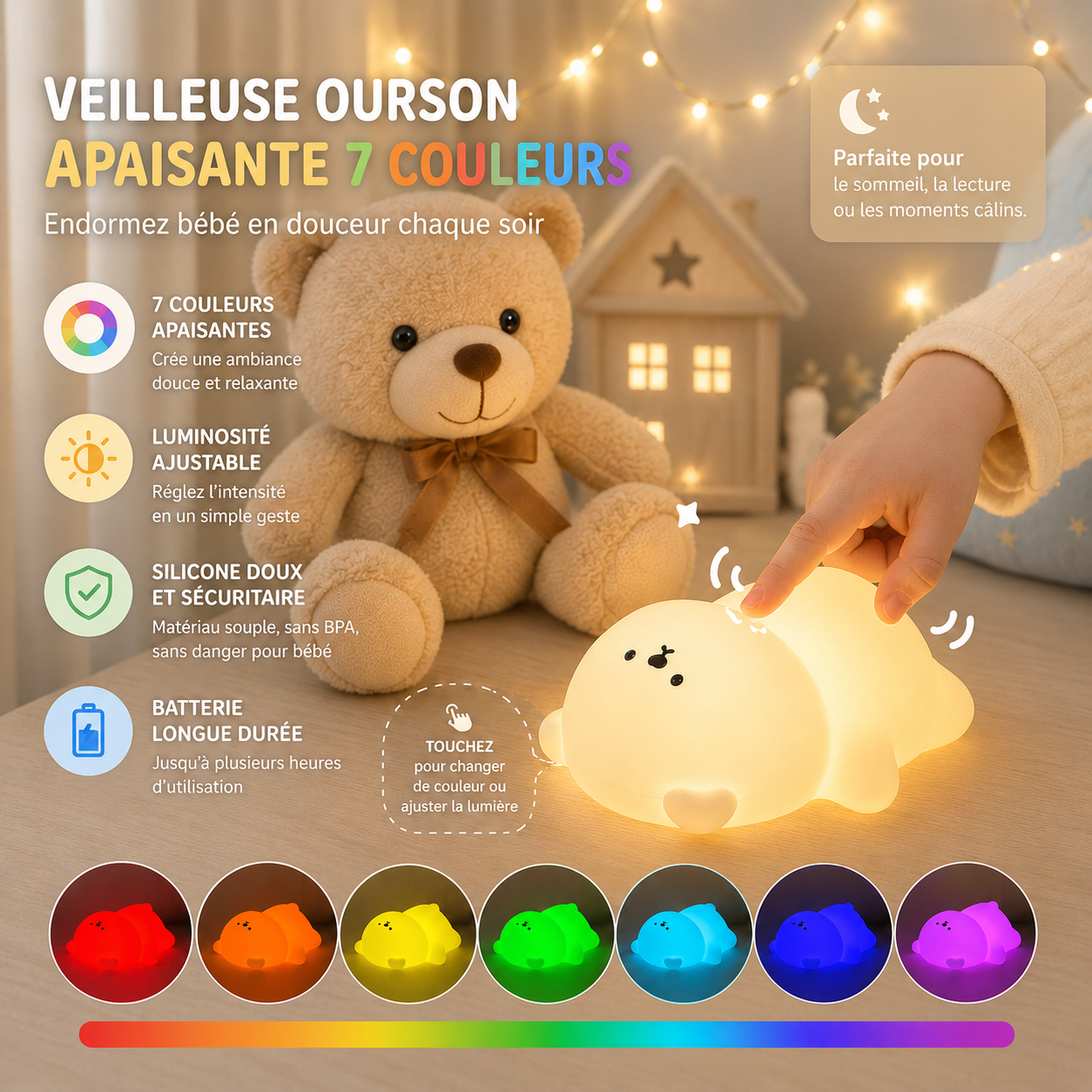 Infographie d’une veilleuse ourson apaisante 7 couleurs en silicone, diffusant une lumière douce et réglable pour accompagner bébé au coucher dans une chambre chaleureuse.