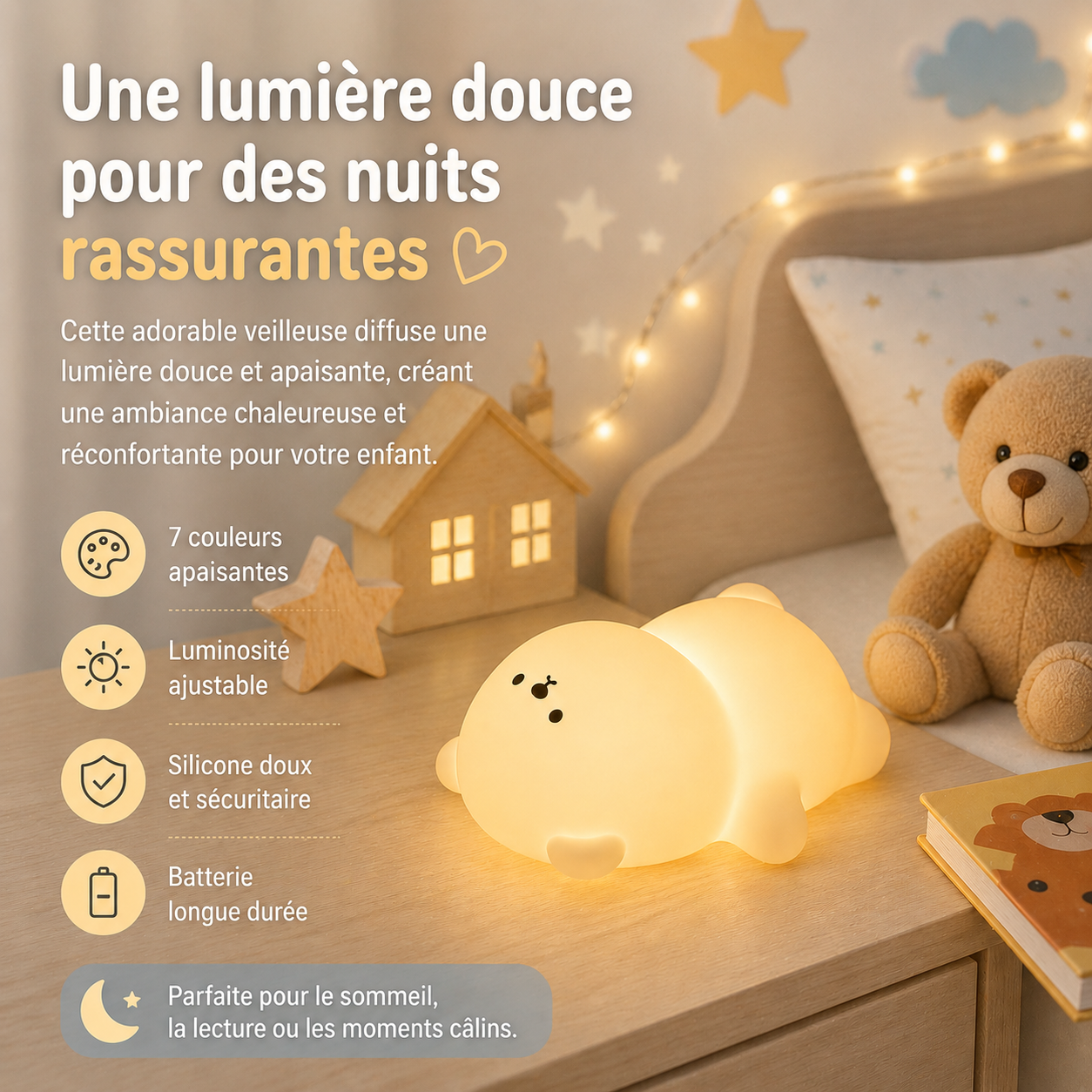 Infographie d’une veilleuse ourson apaisante diffusant une lumière douce sur une table de nuit, idéale pour rassurer bébé et créer une ambiance chaleureuse dans une chambre d’enfant.