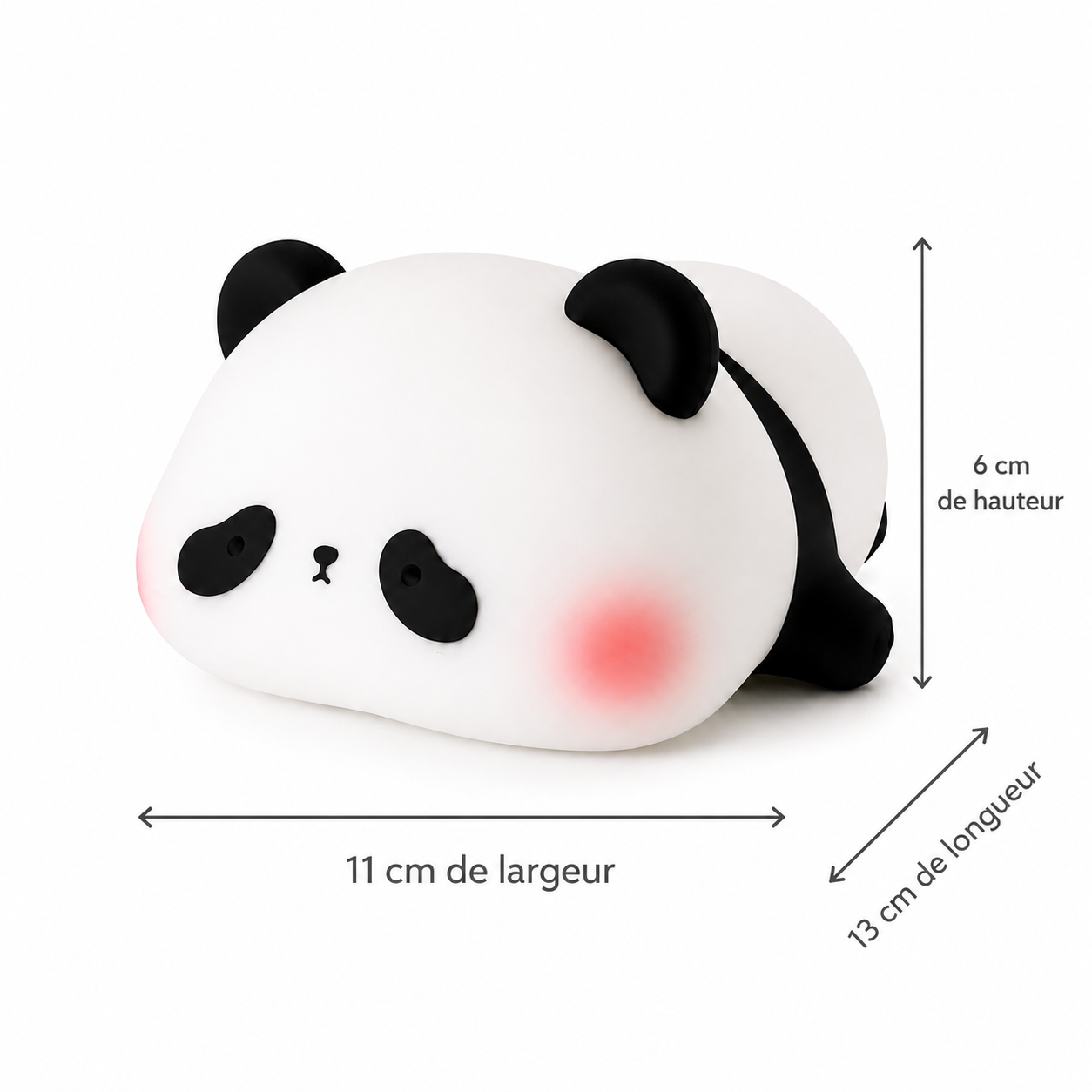 Veilleuse panda lumineuse en silicone avec format compact de 13 cm de longueur, 11 cm de largeur et 6 cm de hauteur.
