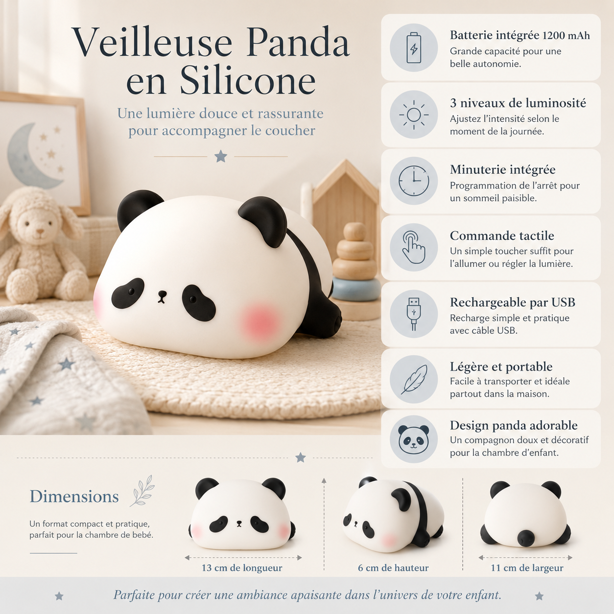 Infographie douce et élégante présentant la veilleuse panda en silicone, sa lumière chaude à 3 intensités, sa minuterie, sa recharge USB et ses dimensions compactes.