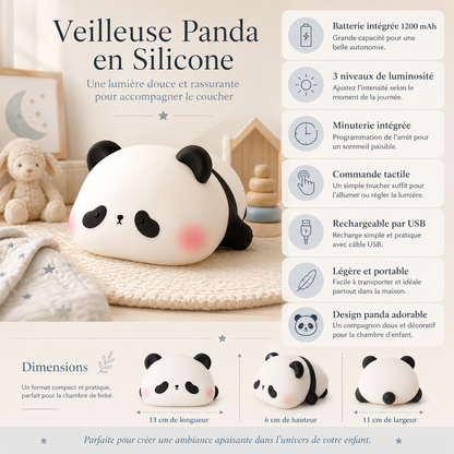 Infographie douce et élégante présentant la veilleuse panda en silicone, sa lumière chaude à 3 intensités, sa minuterie, sa recharge USB et ses dimensions compactes.