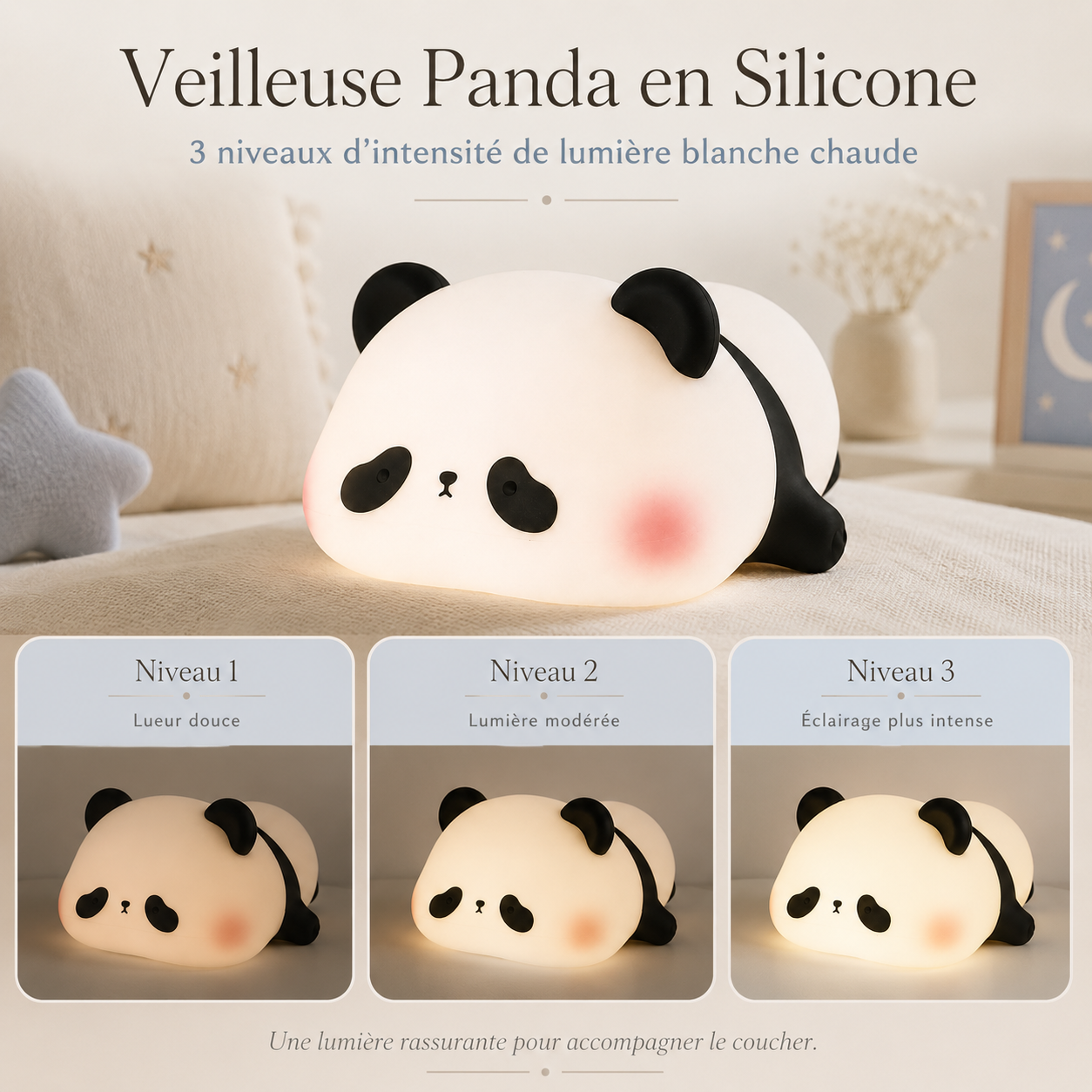 Infographie élégante de la veilleuse panda en silicone présentant ses 3 niveaux d’intensité de lumière blanche chaude pour accompagner le coucher des enfants.