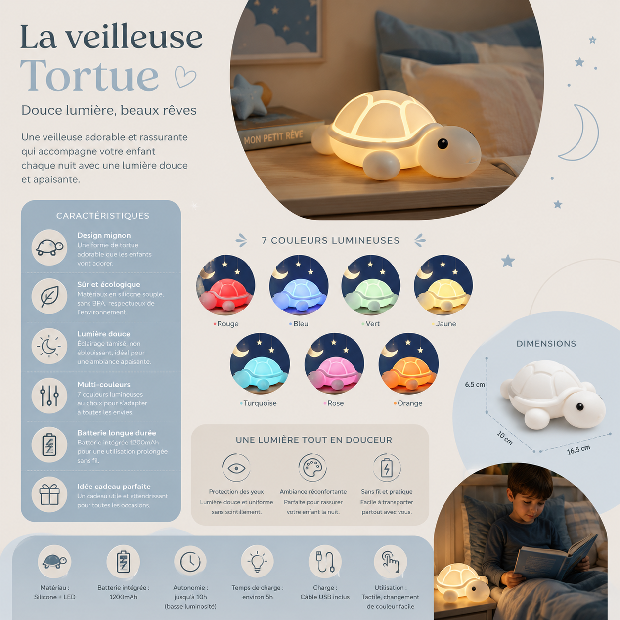 Infographie de la veilleuse tortue apaisante rechargeable présentant ses 7 couleurs LED, ses dimensions, sa batterie rechargeable et sa lumière douce pour créer une ambiance rassurante dans une chambre d'enfant.