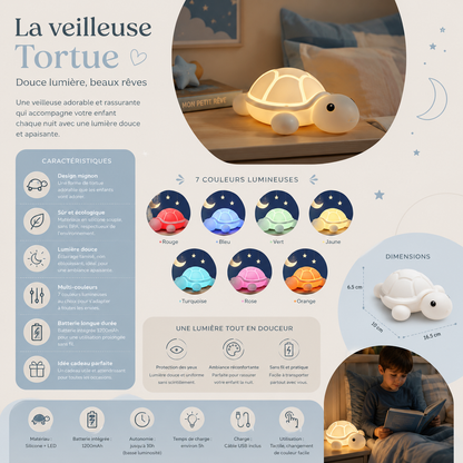 Infographie de la veilleuse tortue apaisante rechargeable présentant ses 7 couleurs LED, ses dimensions, sa batterie rechargeable et sa lumière douce pour créer une ambiance rassurante dans une chambre d'enfant.