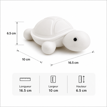 Infographie des dimensions de la veilleuse tortue apaisante rechargeable en silicone, mesurant 16,5 cm de longueur, 10 cm de largeur et 6,5 cm de hauteur.