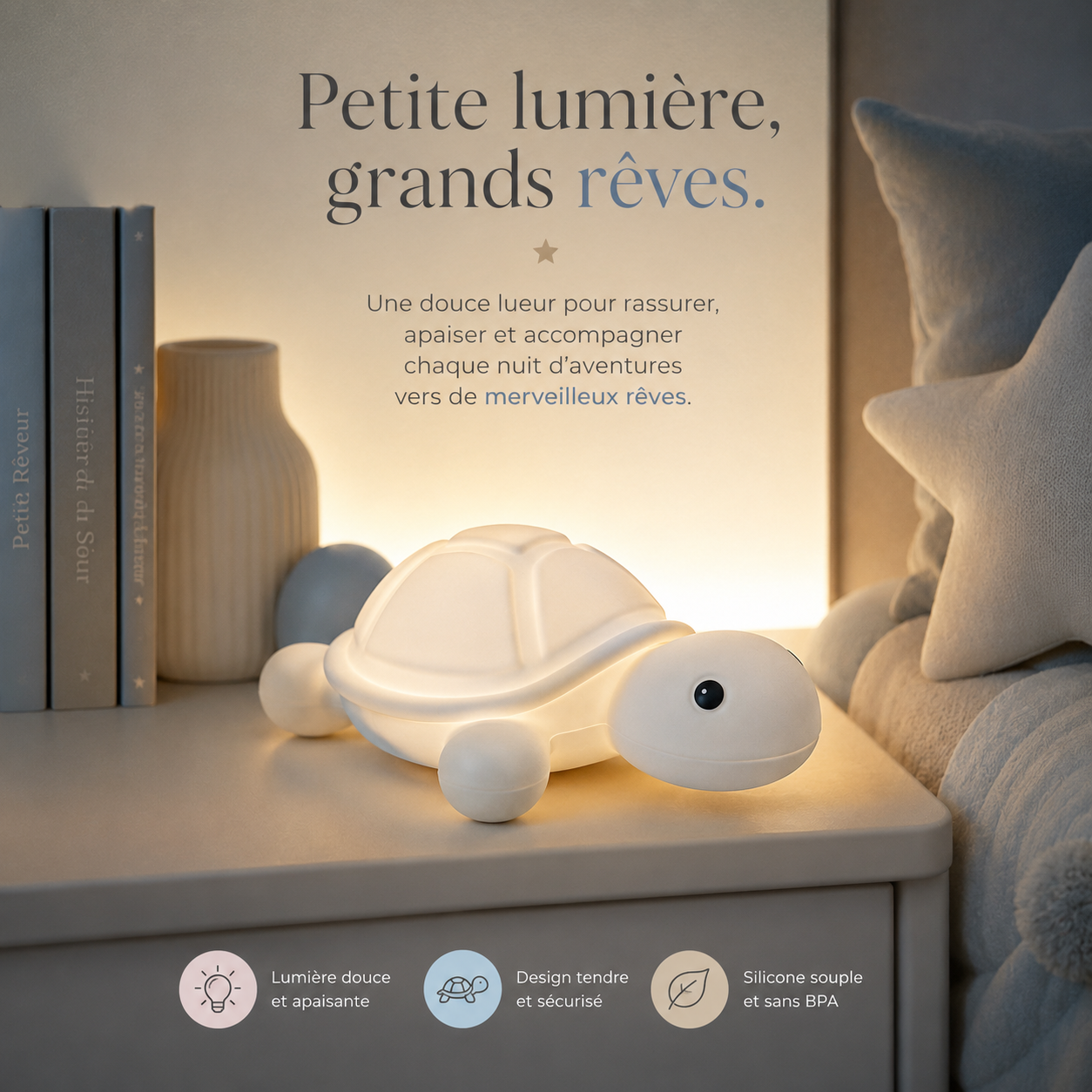 Infographie de la veilleuse tortue apaisante rechargeable présentant sa lumière douce, son design sécuritaire et son silicone souple sans BPA pour accompagner les nuits des enfants.