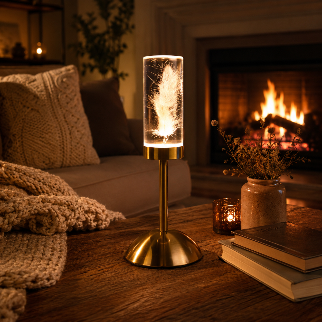 Lampe décorative Little Daisy Plume éclairant un salon chaleureux avec foyer, livres et lumière d’ambiance apaisante pour les moments de détente.