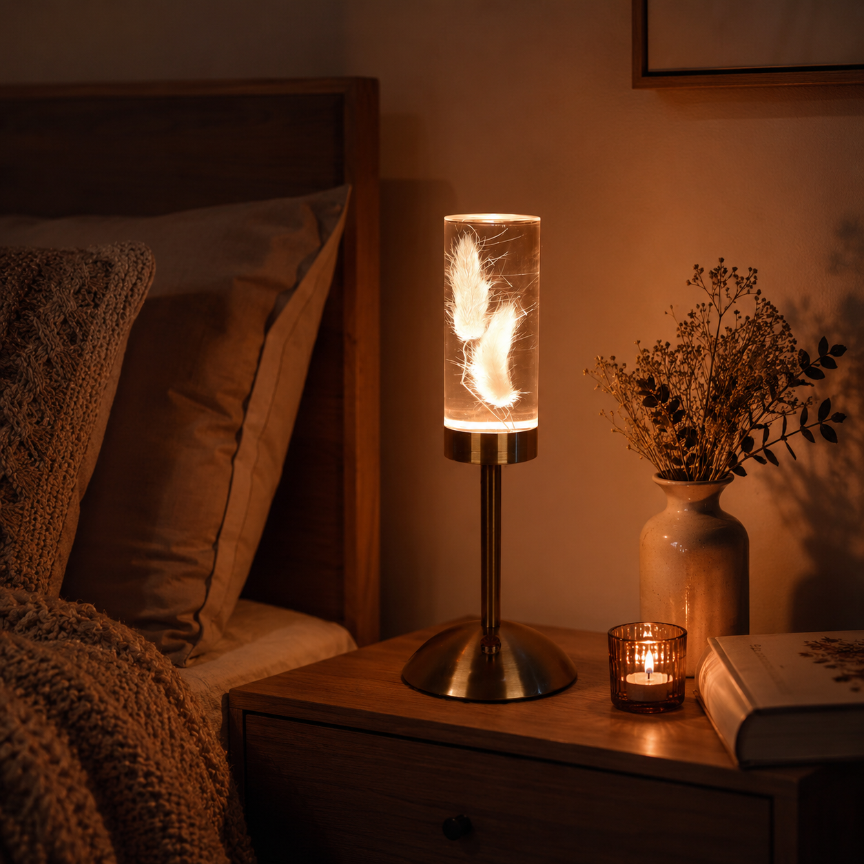 Lampe Little Daisy Plume sur une table de nuit en bois, diffusant une lumière douce et chaleureuse dans une chambre à coucher propice à la détente.
