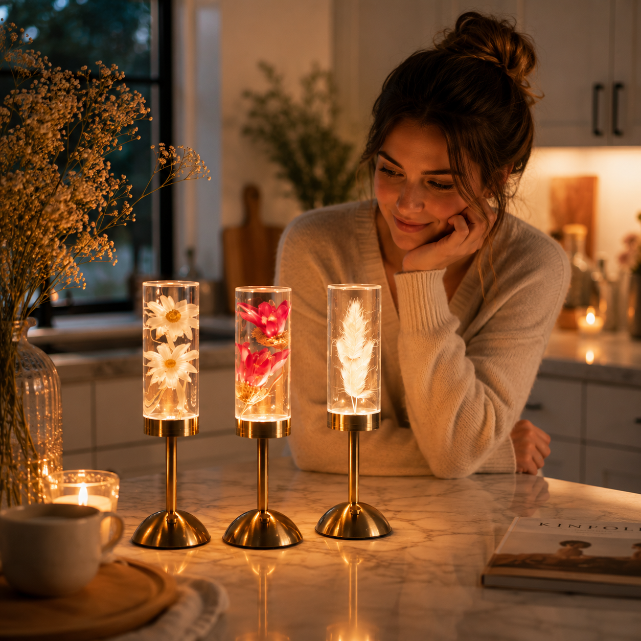 Collection Little Daisy composée des lampes Marguerite, Lotus Rose et Plume sur un comptoir de cuisine chaleureux, avec lumière douce et ambiance détente.