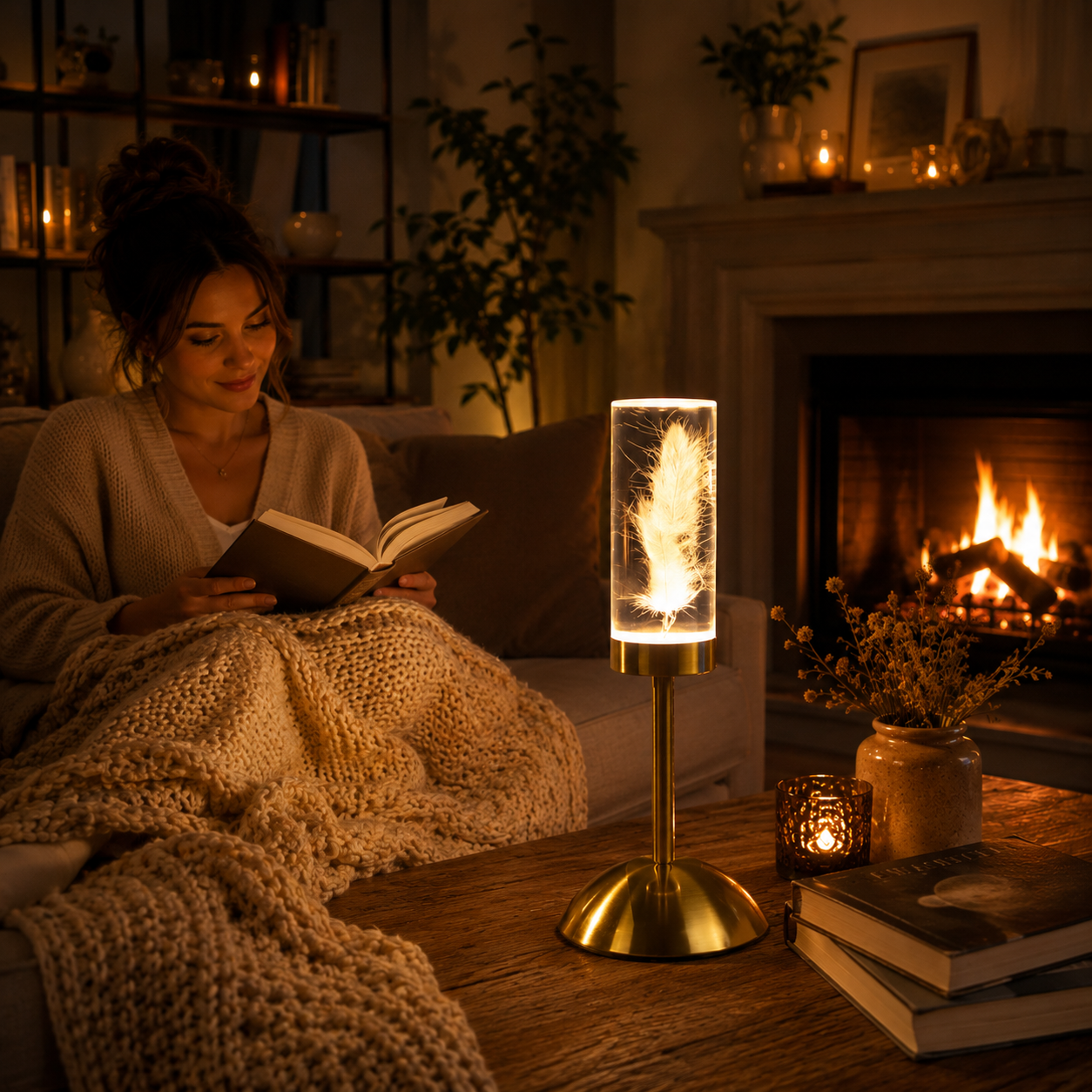 Lampe Little Daisy Plume diffusant une lumière douce dans un salon chaleureux avec foyer, tandis qu'une femme lit confortablement dans un fauteuil.