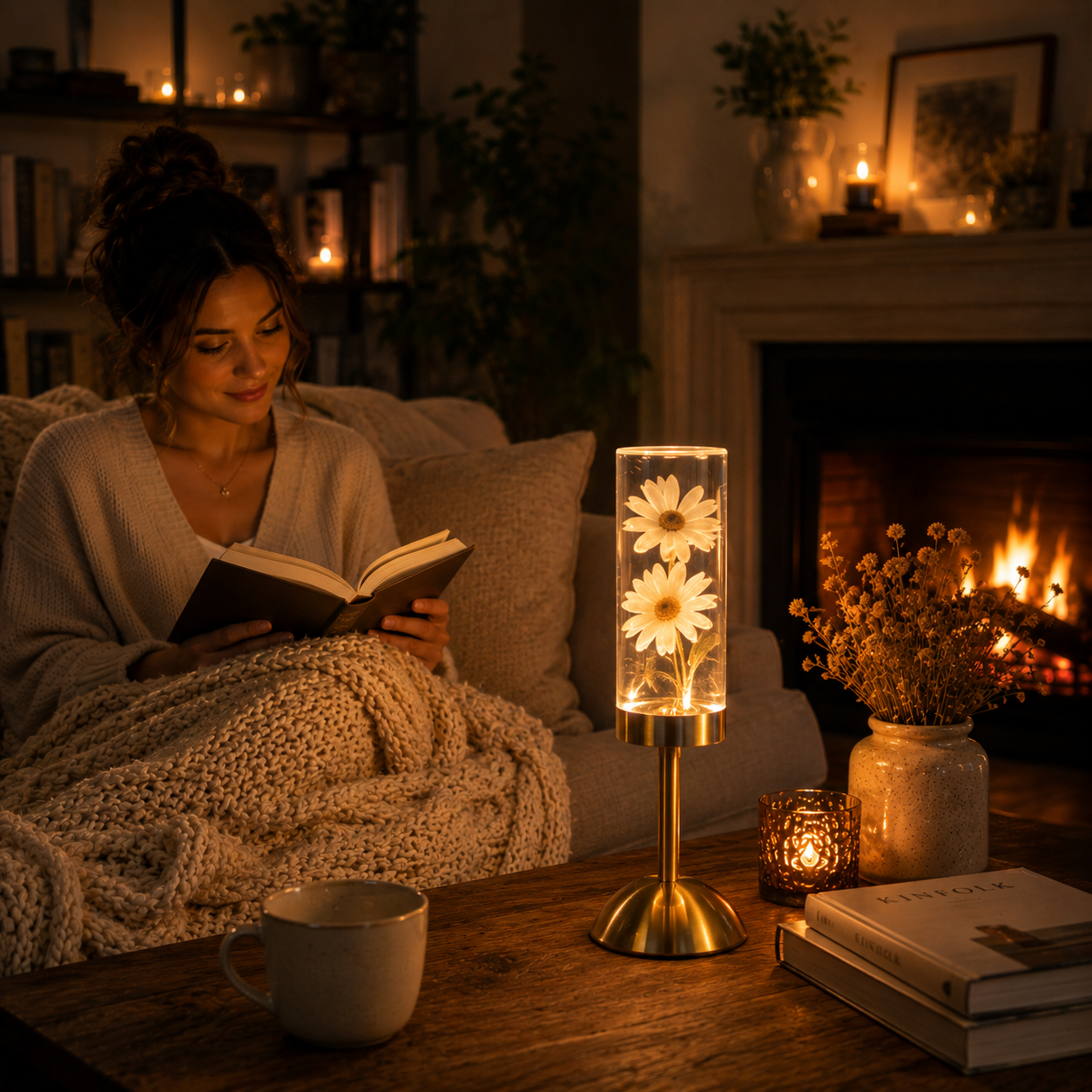 Lampe décorative Little Daisy Marguerite éclairant un salon chaleureux avec foyer, livres et ambiance cocooning pendant un moment de lecture et de détente.