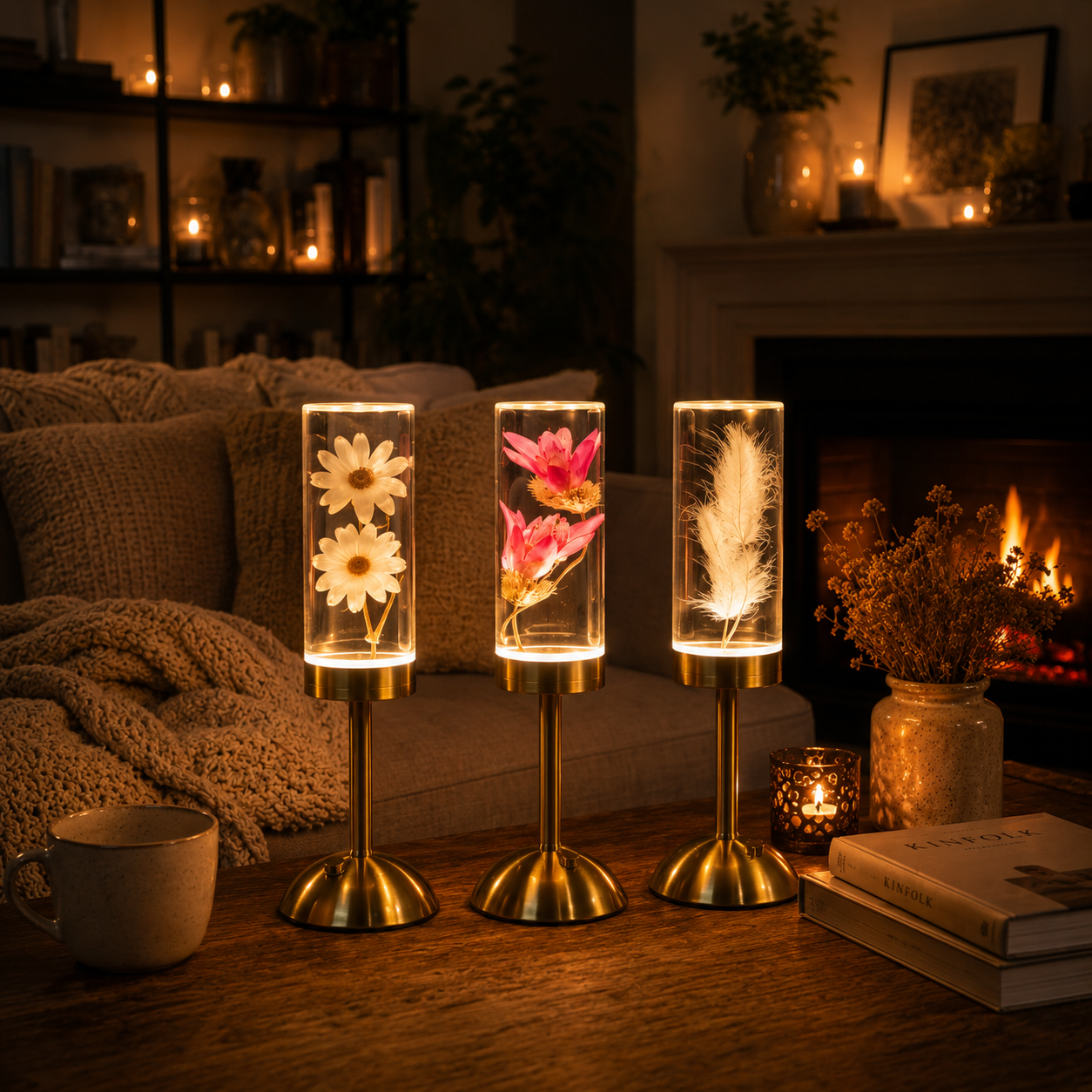 Collection Little Daisy composée des lampes Marguerite, Lotus Rose et Plume illuminant un salon chaleureux avec foyer, créant une ambiance douce et apaisante.