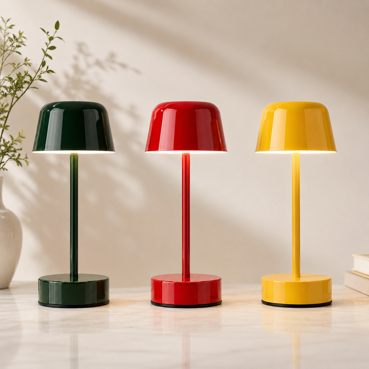 Les trois coloris de la Lampe Nova LED rechargeable – vert forêt, rouge et jaune – présentés ensemble dans un décor élégant et contemporain afin de comparer les différentes couleurs disponibles.