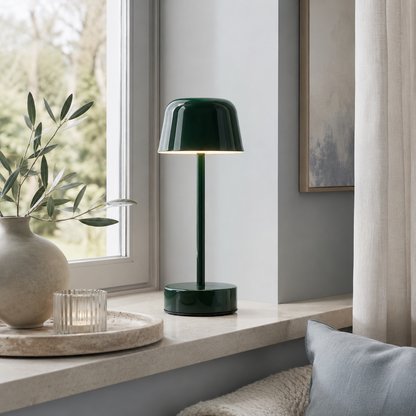 Lampe Nova LED rechargeable vert forêt sur un rebord de fenêtre dans un intérieur moderne, lumineux et élégant.