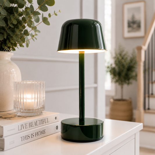 Lampe Nova LED rechargeable vert forêt sur une console de hall d'entrée élégante avec escalier, dans un intérieur moderne et lumineux aux tons greige et bleu poudre.
