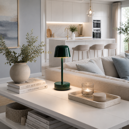 Lampe Nova LED rechargeable vert forêt sur une console blanche dans un salon moderne avec cuisine ouverte, décoration élégante et intérieur lumineux aux tons greige et bleu poudre.