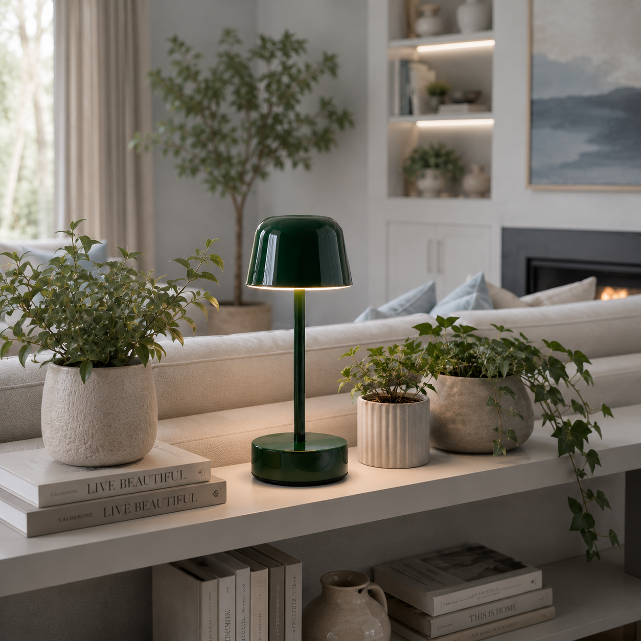 Lampe Nova LED rechargeable vert forêt sur une console avec plantes décoratives dans un salon élégant, offrant une ambiance chaleureuse et un intérieur moderne.