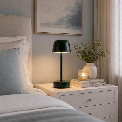 Lampe Nova LED rechargeable vert forêt sur une table de nuit dans une chambre élégante à l'ambiance chaleureuse.