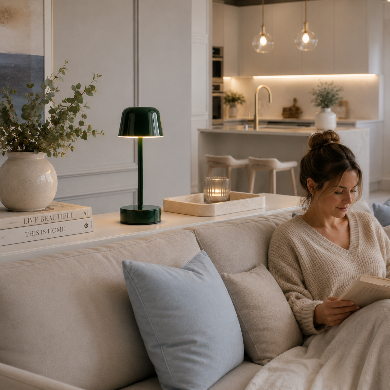 Lampe Nova LED rechargeable vert forêt sur une console derrière un canapé, pendant qu'une personne lit dans un salon moderne et lumineux avec cuisine ouverte, aux tons greige et bleu poudre.