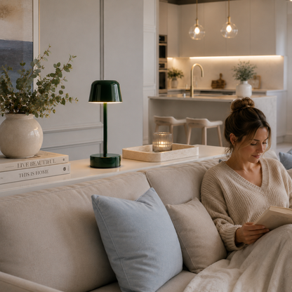Lampe Nova LED rechargeable vert forêt sur une console derrière un canapé, pendant qu'une personne lit dans un salon moderne et lumineux avec cuisine ouverte, aux tons greige et bleu poudre.