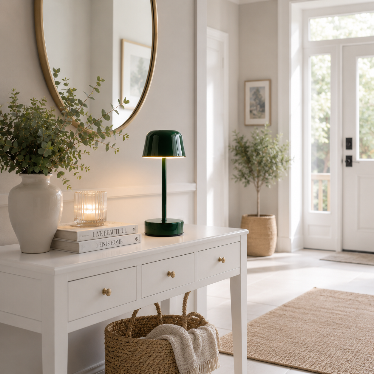 Lampe Nova LED rechargeable vert forêt sur une console de hall d'entrée avec miroir, plante décorative et lumière naturelle dans un intérieur moderne aux tons greige et bleu poudre.