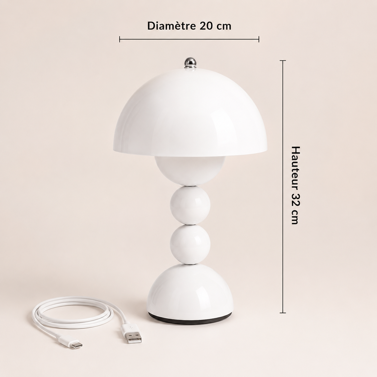Infographie de la lampe champignon Perla LED rechargeable blanche présentant ses dimensions de 32 cm de hauteur et 20 cm de diamètre, accompagnée de son câble USB de recharge. Son design contemporain et sa finition élégante en font une lampe décorative idéale pour créer une ambiance chaleureuse dans le salon, la chambre ou le bureau.