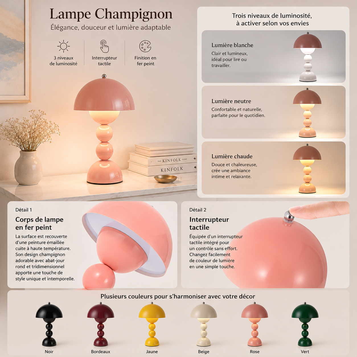 Infographie de la lampe champignon Perla LED rechargeable rose présentant son design contemporain, son éclairage tactile à trois intensités, ses détails de fabrication, sa finition soignée et les différents coloris disponibles. Une lampe décorative idéale pour créer une ambiance chaleureuse et élégante dans un intérieur moderne.