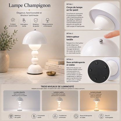 Infographie de la lampe champignon Perla LED rechargeable blanche présentant son design contemporain, sa structure en métal peint, son interrupteur tactile, sa base antidérapante, ses trois niveaux de luminosité et sa recharge USB. Une lampe décorative élégante idéale pour créer une ambiance chaleureuse et raffinée dans le salon, la chambre ou le bureau.