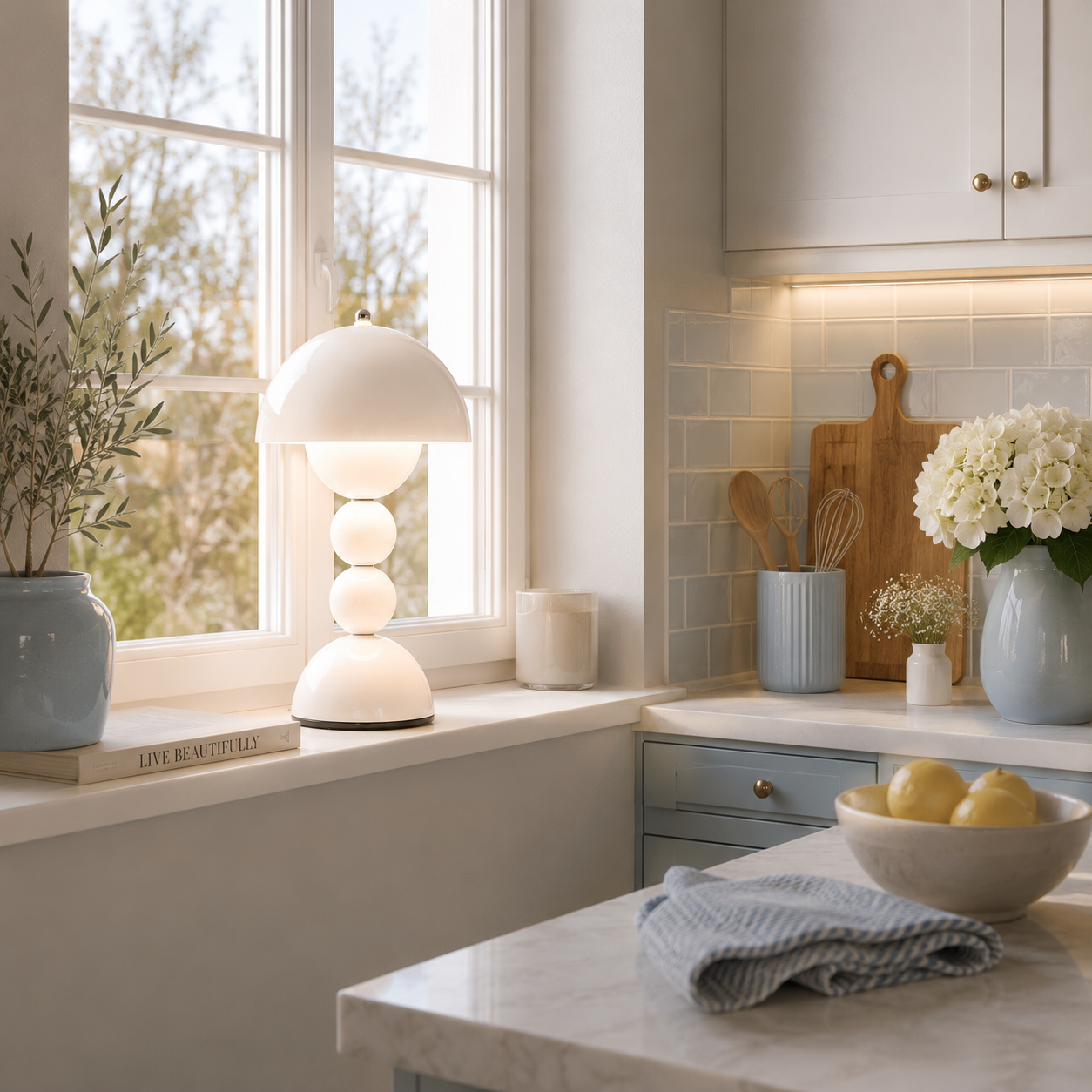 Lampe Perla LED rechargeable blanche illuminant le rebord d'une fenêtre dans une cuisine contemporaine aux tons greige et bleu poudre. Entre lumière naturelle, mobilier blanc et décoration raffinée, elle crée une ambiance chaleureuse qui transforme chaque instant du quotidien en un moment de douceur.