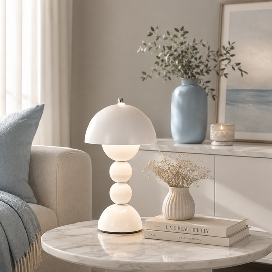 Lampe Perla LED rechargeable blanche sur une table en marbre dans un salon élégant aux tons greige et bleu poudre, créant une ambiance douce, chaleureuse et apaisante.