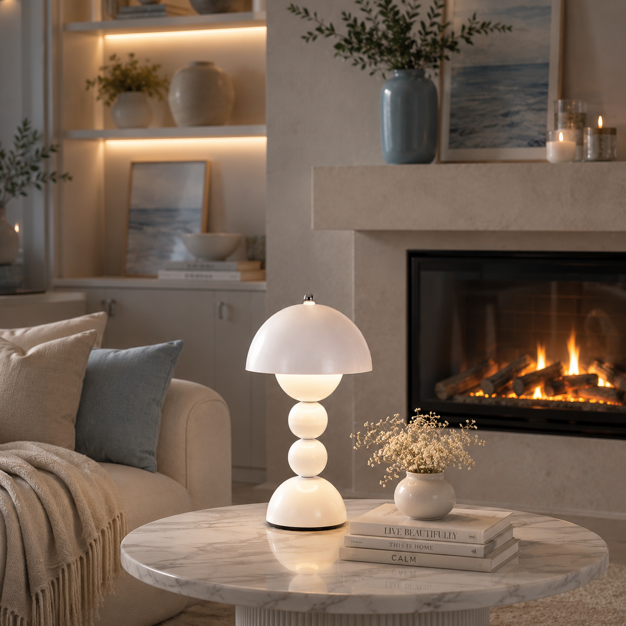 Lampe Perla LED rechargeable blanche diffusant une lumière douce sur une table basse en marbre devant un foyer contemporain. Dans un salon élégant aux tons greige et bleu poudre, elle crée une ambiance chaleureuse, raffinée et propice aux moments de détente.