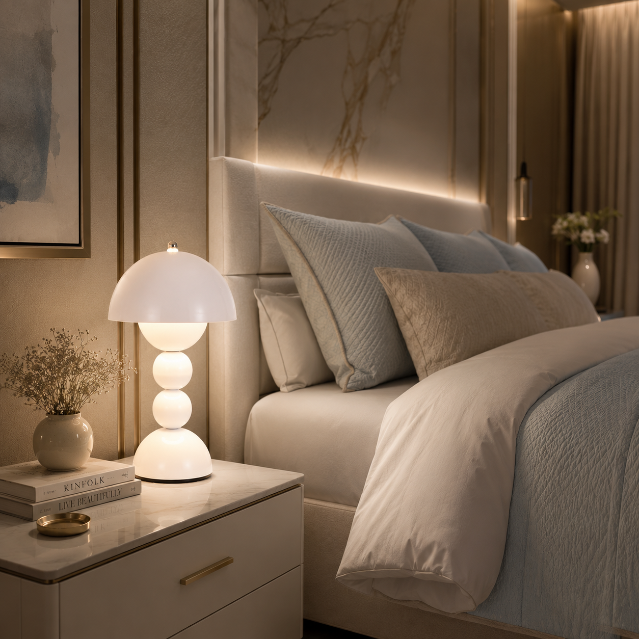 Lampe Perla LED rechargeable blanche délicatement installée sur le rebord d'une fenêtre dans une cuisine contemporaine aux tons greige et bleu poudre. Baignée par la lumière naturelle, elle sublime un décor raffiné où le mobilier blanc, les matières nobles et les détails soignés créent une ambiance chaleureuse, élégante et apaisante.