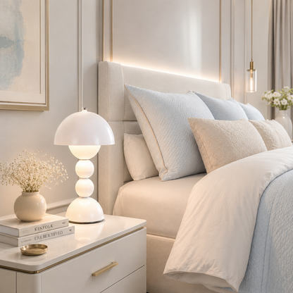 Lampe Perla LED rechargeable blanche diffusant une lumière douce sur une table de chevet dans une chambre élégante inspirée des hôtels de luxe. Entre literie immaculée, mobilier raffiné et décoration aux tons greige et bleu poudre, elle crée une atmosphère chaleureuse où chaque soirée devient un véritable moment de détente.