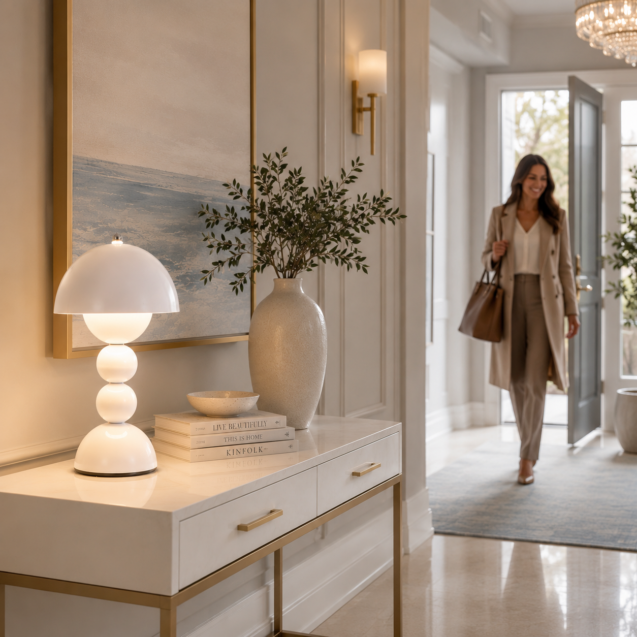 Lampe Perla LED rechargeable blanche délicatement posée sur une console d'entrée au design contemporain. Une personne rentre chez elle dans une ambiance chaleureuse et apaisante, où les tons greige, le mobilier blanc et les touches de bleu poudre créent un décor élégant digne d'un magazine de décoration.